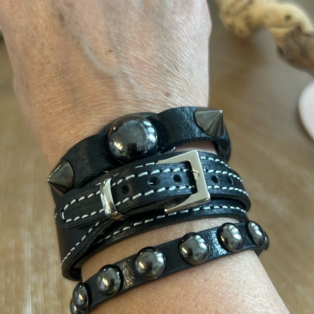 Unisex Set of Three Bracelets Leather/Faux Leather, Spikes and Studs